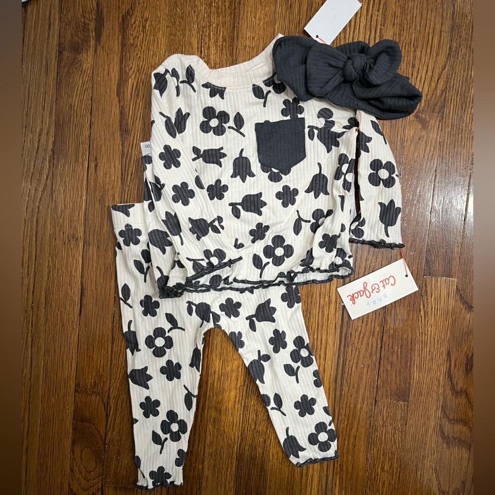 Baby Girls' 3pc Floral Ribbed Top & Bottom Set with Headband 3-6m